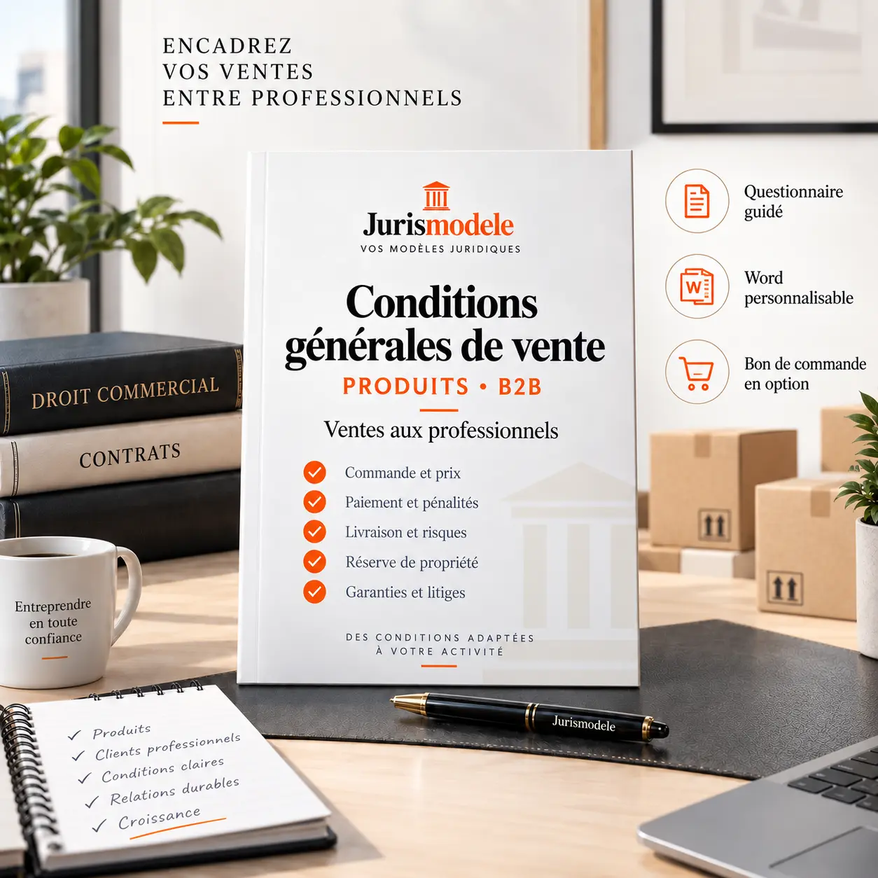Modèle Jurismodele de CGV pour la vente de produits aux professionnels, présenté sur un bureau.
